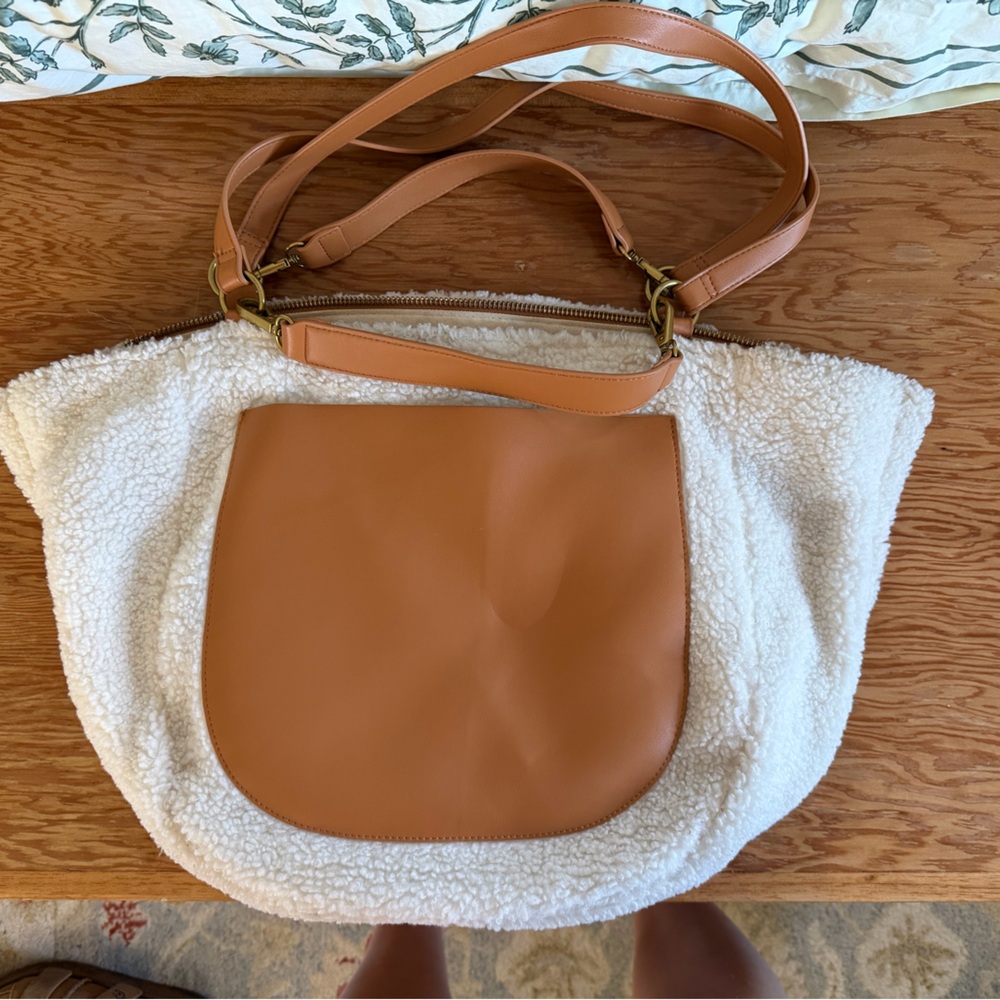 Anthropologie Cream Sherpa Shoulder Bag with Tan Leather Trim